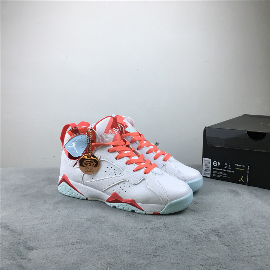 2019 Air Jordan 7 GS Topaz Mist White Orange Jade Shoes